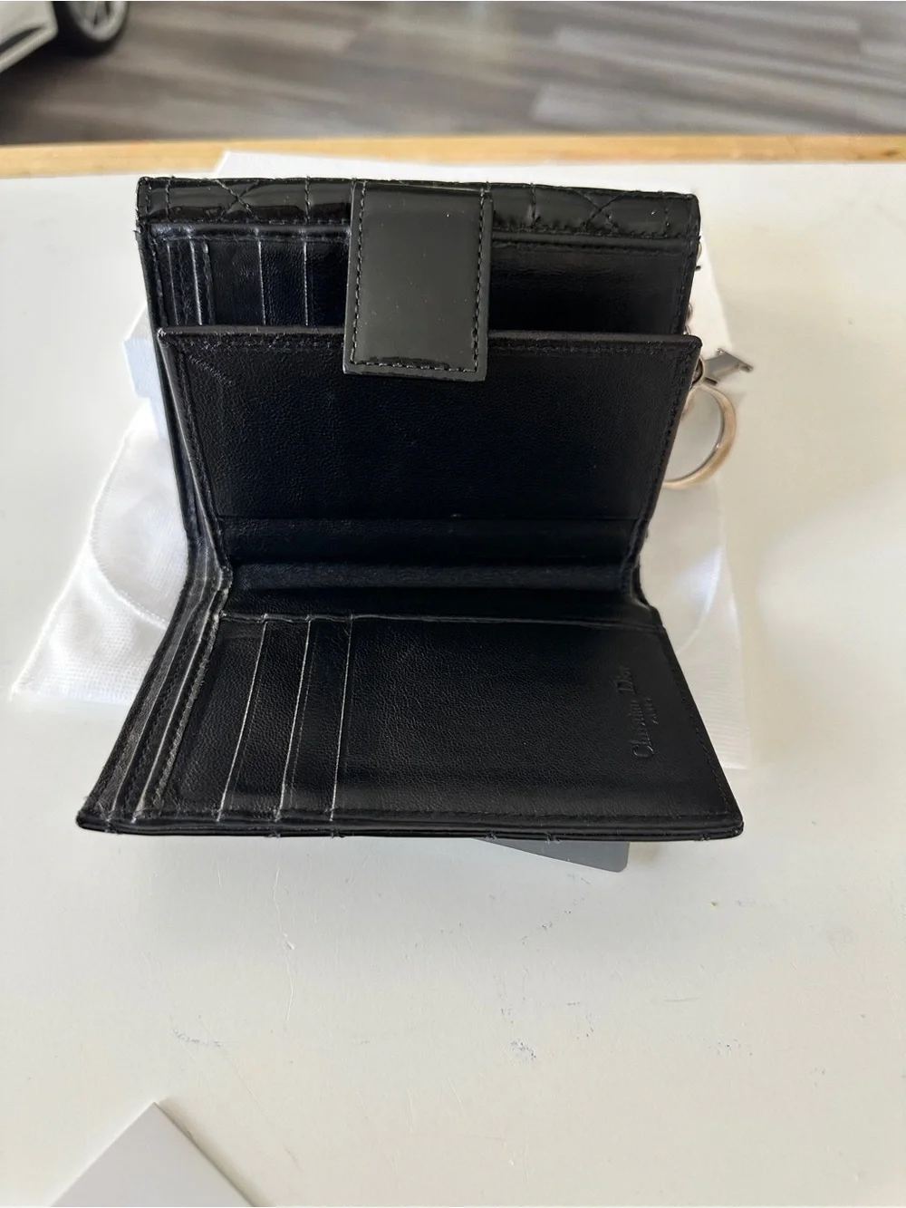 Dior Black Patent Quilted Card Case with Silver Charm